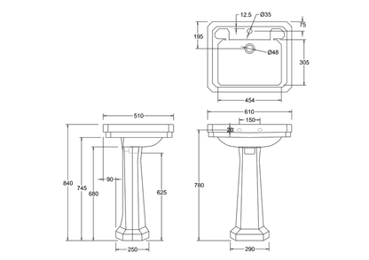 Burlington Victorian 610mm 1 Tap Hole Basin w/ Full Pedestal