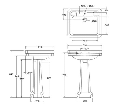 Burlington 1H 610 x 510mm Victorian Basin w/ Overflow