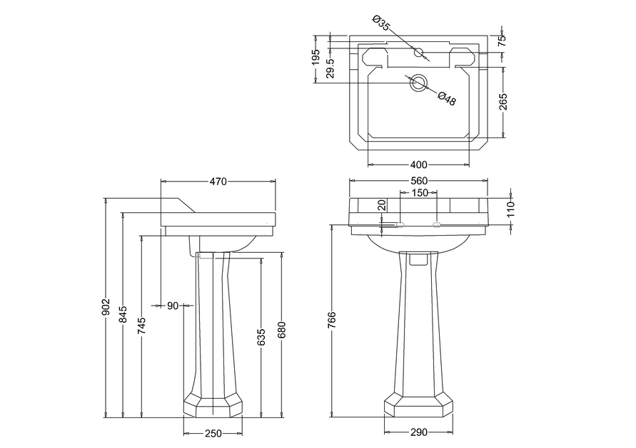 Burlington Edwardian Basin w/ Full Pedestal 560mm 1 Tap Hole