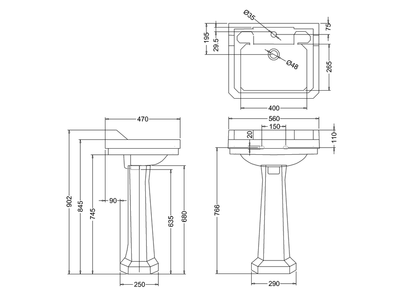 Burlington Edwardian Basin w/ Full Pedestal 560mm 1 Tap Hole