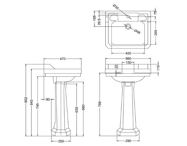 Burlington Black 560 x 470mm Edwardian Basin 2 Tap Hole