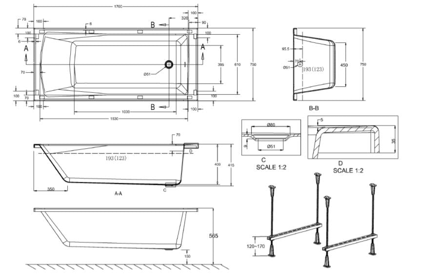 Crosswater KAI S Single Ended Bath 1700 x 750mm