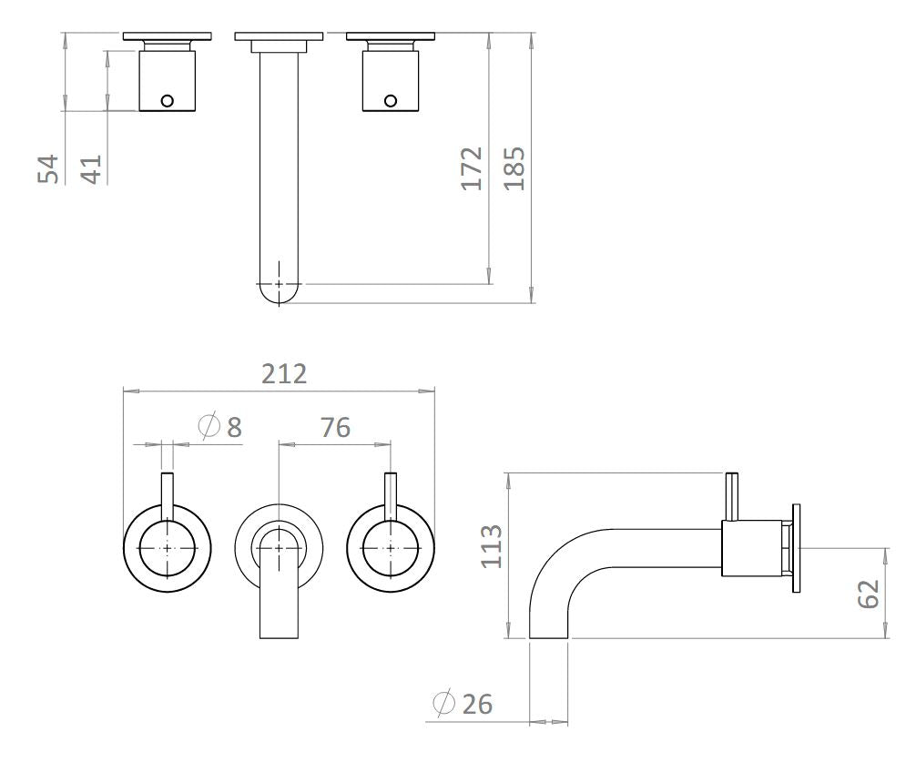 MPRO Bath 3 Hole Wall Mounted Bath Mixer Set - Matt Black