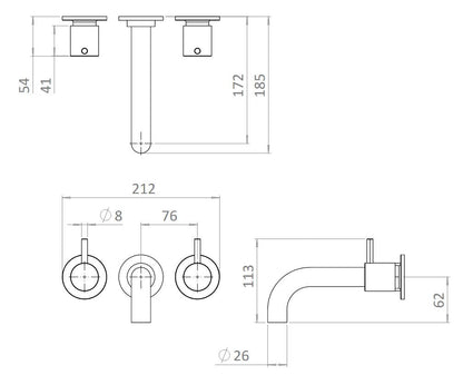 MPRO Bath 3 Hole Wall Mounted Bath Mixer Set - Matt Black