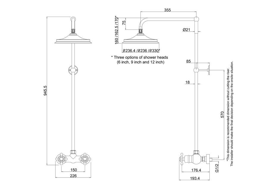Eden Shower Bar Valve w/ Rigid Riser,Swivel Arm w/9' Rose