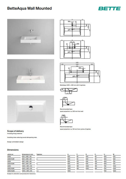 Bette Aqua Wall Mounted Basin 600 x 495mm No Tap Hole