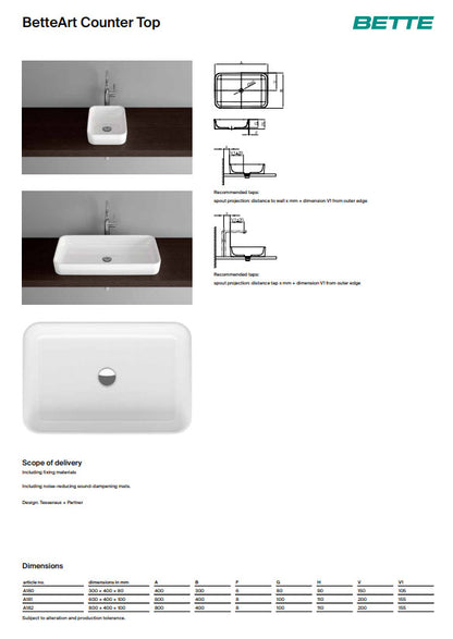 Bette Art Counter Top Basin 600 X 400 No Tap Hole Basin