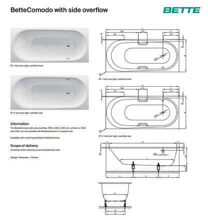 Bette Comodo 1700x750mm SE Steel Bath, Right Overflow
