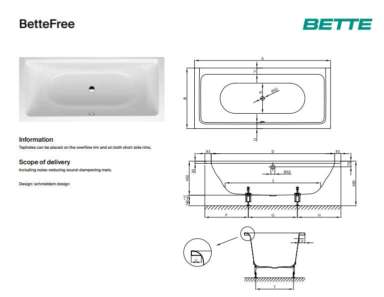Bette Free 1700x750mm Double Ended Bath, No Tap Hole