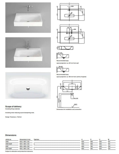 Bette Lux Wall Mounted Basin 600 X 480 No Tap Hole Basin