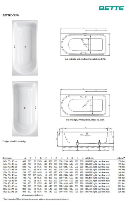 Bette Ocean 1700X750mm L/Hand Overflow Bath No Tap Hole
