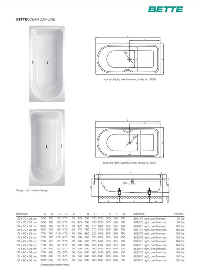 Bette Ocean Lowline 1600x700 R/Hand Steel Bath- No Tap Holes