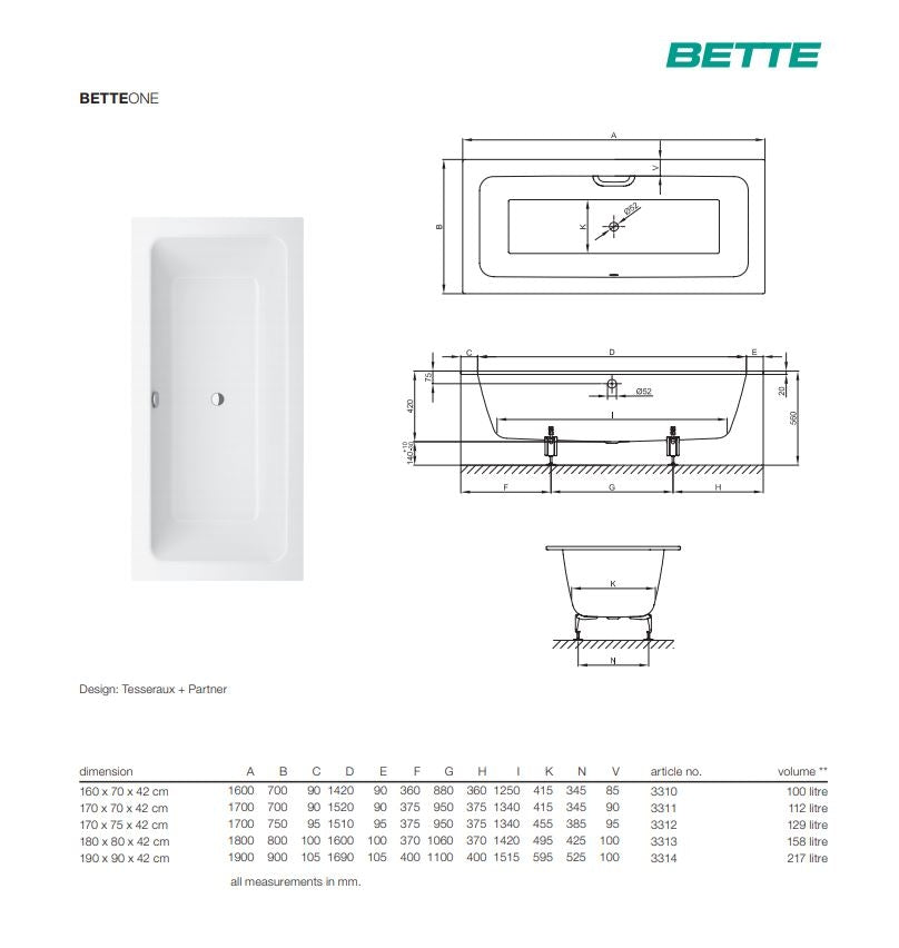 Bette One 1600 X 700mm Double Ended Bath, No Tap Holes