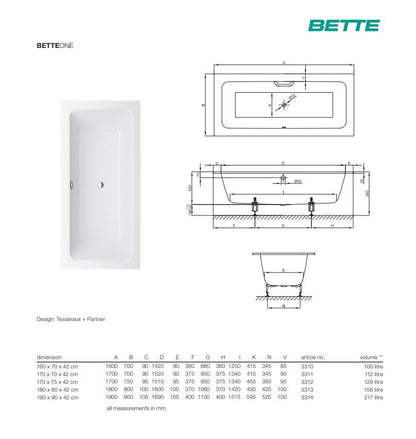 Bette One 1600 X 700mm Double Ended Bath, No Tap Holes
