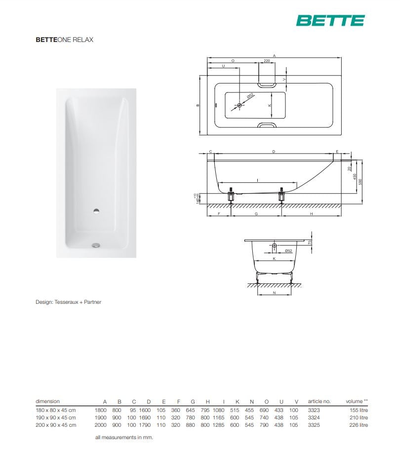 Bette One Relax 1900 X 900mm White Steel Bath No Tap Hole