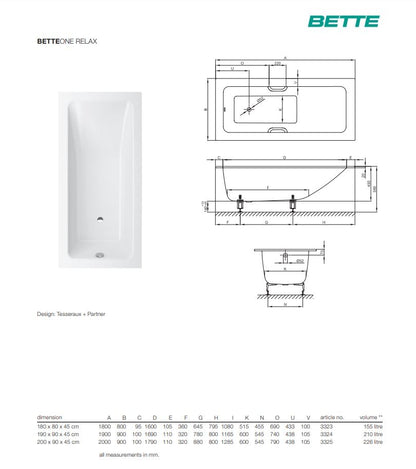Bette One Relax 1900 X 900mm White Steel Bath No Tap Hole