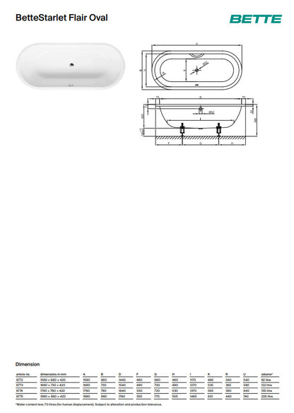 Bette Starlet Flair Oval 1580 X 680mm Double Ended Steel Bath No Tap Hole