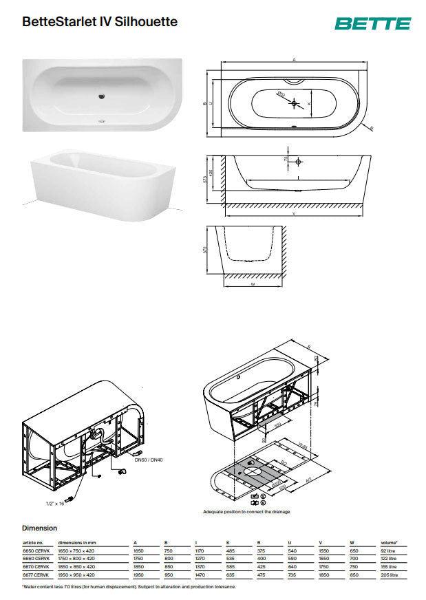 Bette Starlet Iv Silhouette 1850 X 850mm Double Ended Steel Bath No Tap Holes With 1 Rounded Corner