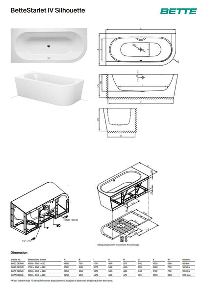 Bette Starlet Iv Silhouette 1850 X 850mm Double Ended Steel Bath No Tap Holes With 1 Rounded Corner