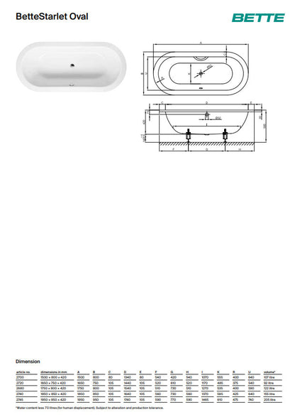 Bette Starlet Oval 1650 X 750mm Double Ended Steel Bath No Tap Hole