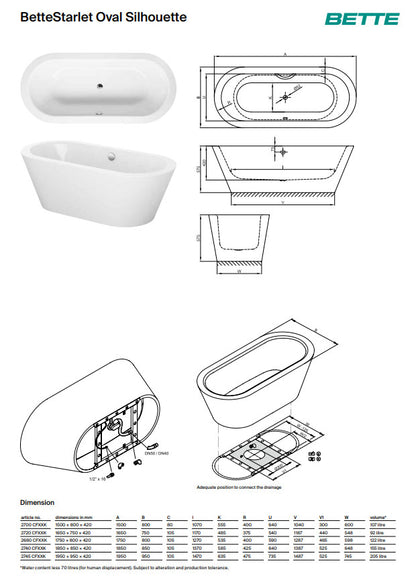 Bette Starlet Oval Silhouette 1650 X 750mm Freestanding Steel Bath No Tap Holes