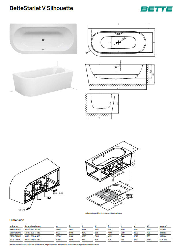 Bette Starlet V Silhouette 1650 X 750mm Double Ended Steel Bath No Tap Holes With 1 Rounded Corner