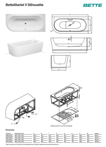 Bette Starlet V Silhouette 1650 X 750mm Double Ended Steel Bath No Tap Holes With 1 Rounded Corner
