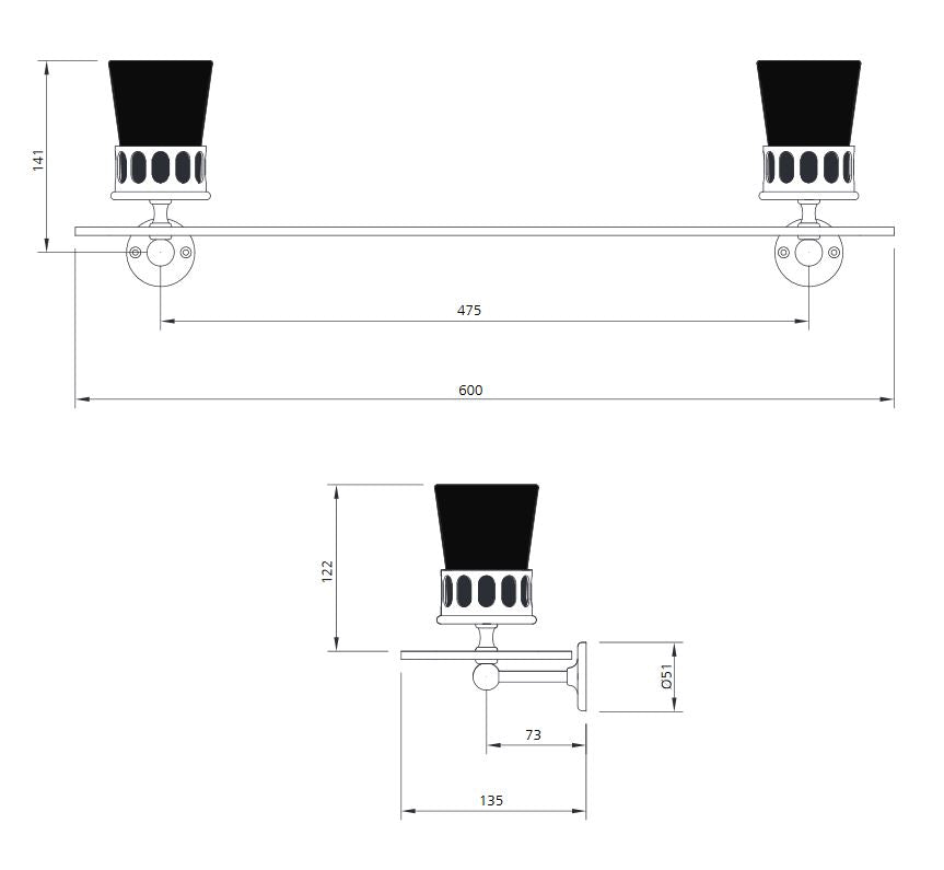 Lefroy Brooks Classic Glass Shelf With 2 Black China Mugs - Chrome