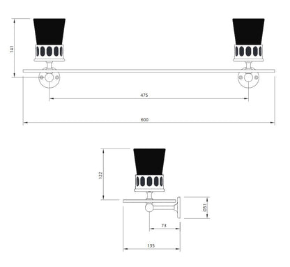 Lefroy Brooks Classic Glass Shelf With 2 Black China Mugs - Chrome