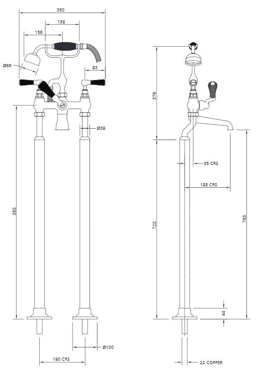 Classic Black Lever Bath Shower Mixer With Stand Pipes - Silver Nickel