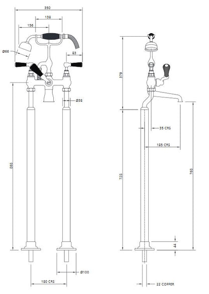 Classic Black Lever Bath Shower Mixer With Stand Pipes - Silver Nickel