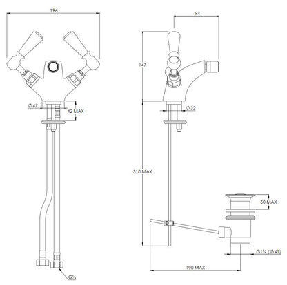 Lefroy Brooks Classic Monobloc Bidet Mixer With Pop Up Waste (choose finish)