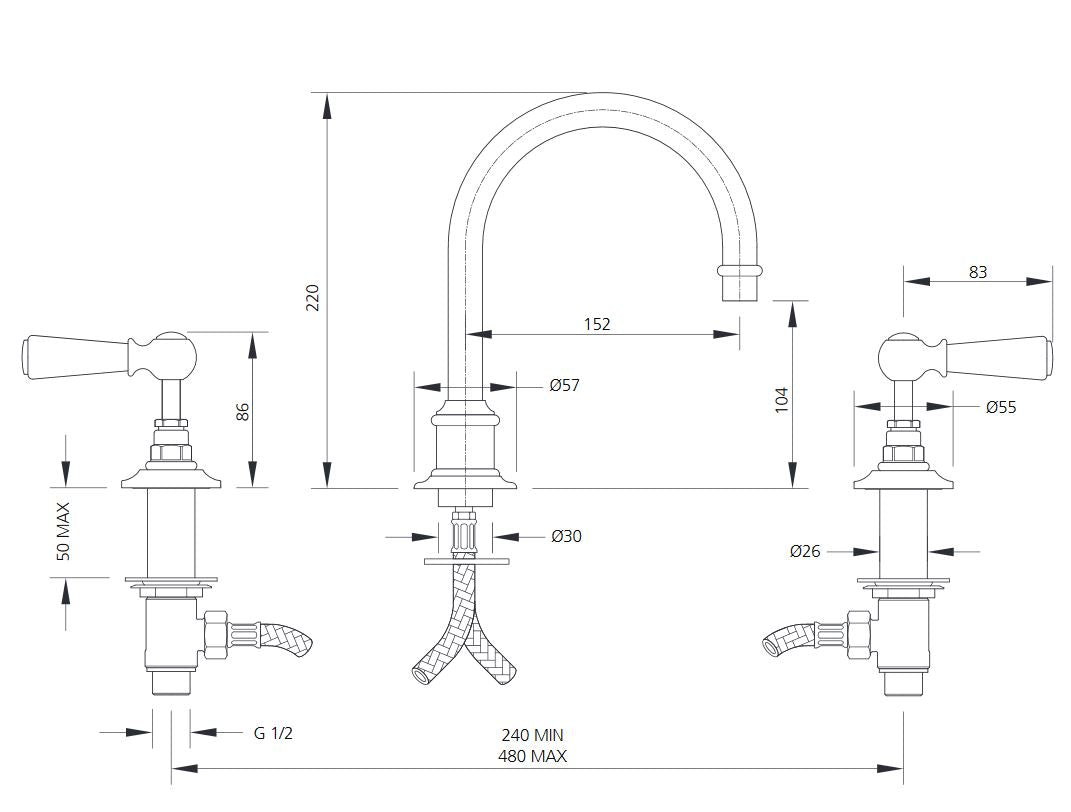 Lefroy Brooks Tubular 3 Hole Basin Mixer- Click Clack Waste