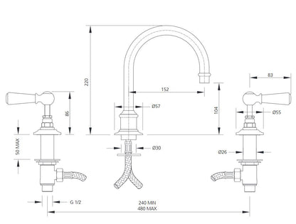 Lefroy Brooks Tubular 3 Hole Basin Mixer- Click Clack Waste