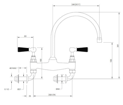 Lefroy Brooks Classic Black Lever Wall Mounted Bridge Kitchen Sink Mixer (choose finish)