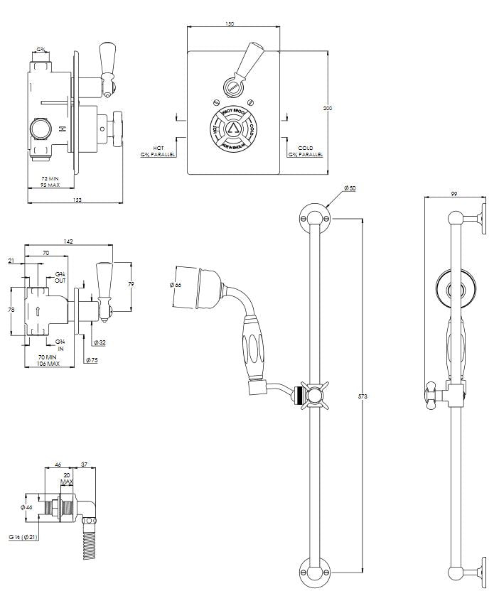 Godolphin Black Lever Concealed Shower Valve & Kit - Antique Gold