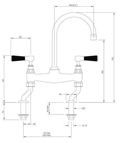 Lefroy Brooks Classic Black Lever 2 Hole Bridge Basin Mixer (choose finish)