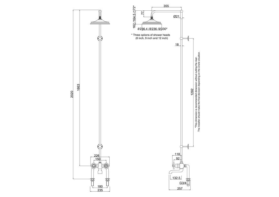 Tay Thermostatic Bath Shower Mixer w/ Swivel Arm & 6' Rose
