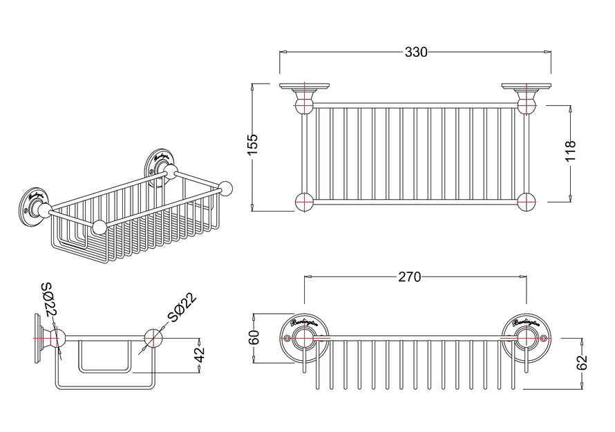 Burlington Deep Wire Rectangular Basket 62mm deep&155x330mm