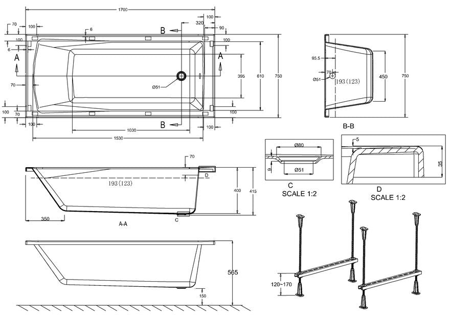 Sustain 1700 x 750 x 415mm Bath - White Gloss Finish