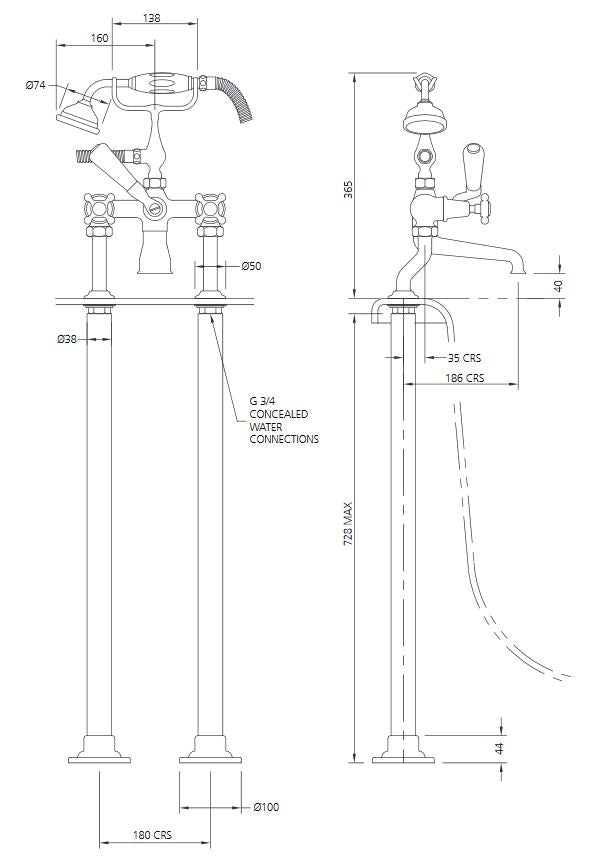 Lefroy Brooks Connaught Bath Mixer-Standpipe with Baseplates