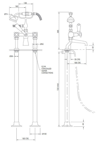 Lefroy Brooks Connaught Bath Mixer-Standpipe with Baseplates