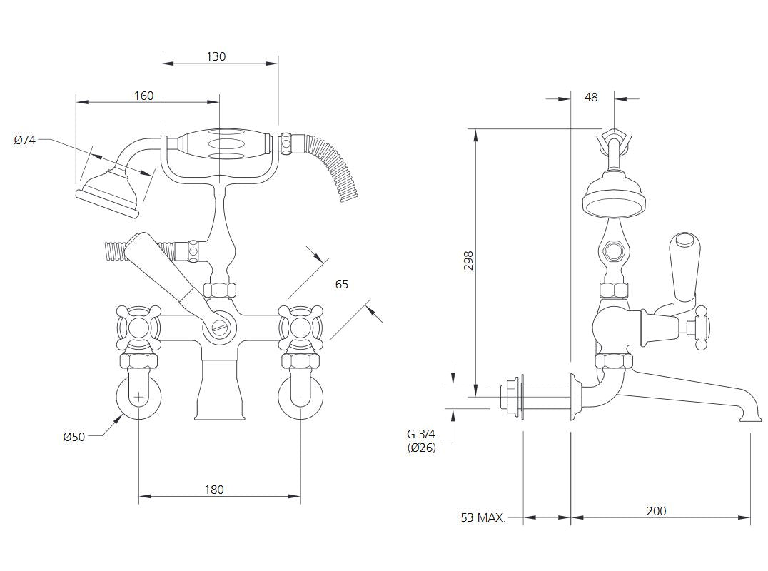 Lefroy Brooks Connaught Wall Mounted Bath Shower Mixer With Hose & Handset (choose finish)
