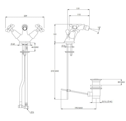 Lefroy Brooks Connaught Monobloc Bidet Mixer With Pop Up Waste (choose finish)