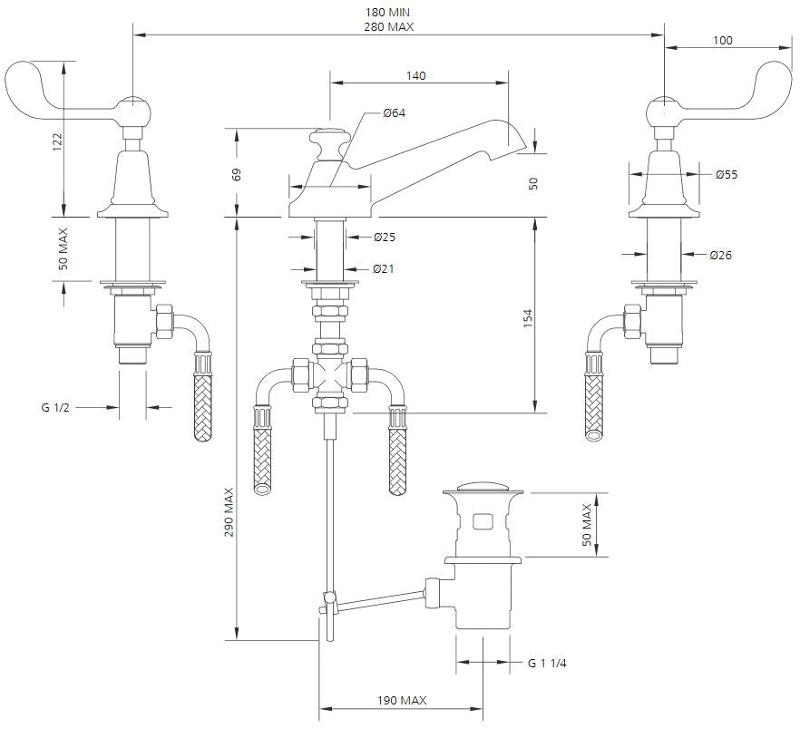 Lefroy Brooks Connaught Lever Classic 3 Hole Basin Mixer Set With Pop Up Waste (choose finish)