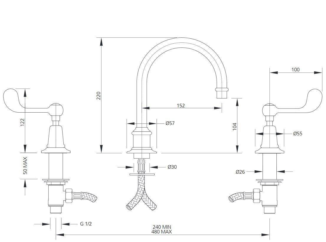Lefroy Brooks Connaught Lever Tubular 3 Hole Basin Mixert Set With Click Up Waste (choose finish)