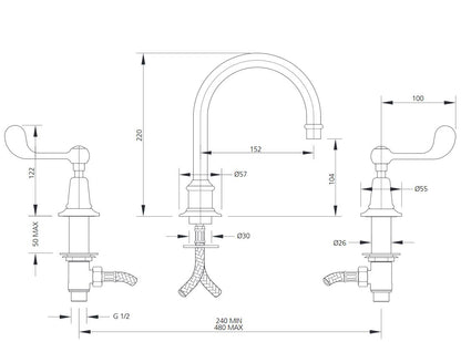 Lefroy Brooks Connaught Lever Tubular 3 Hole Basin Mixert Set With Click Up Waste (choose finish)