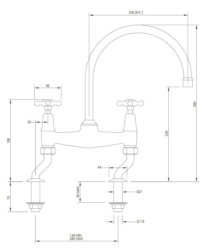 Lefroy Brooks Connaught Handle Deck Mounted Bridge Kitchen Sink Mixer CH1517 (choose finish)