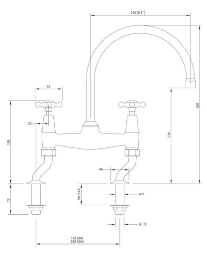 Lefroy Brooks Connaught Handle Deck Mounted Bridge Kitchen Sink Mixer CH1517 (choose finish)
