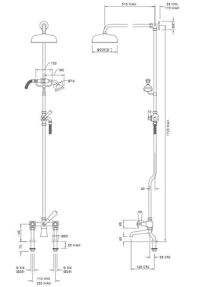 Lefroy Brooks Connaught Exposed Bath Shower Mixer & 200mm Shower Rose (choose finish)